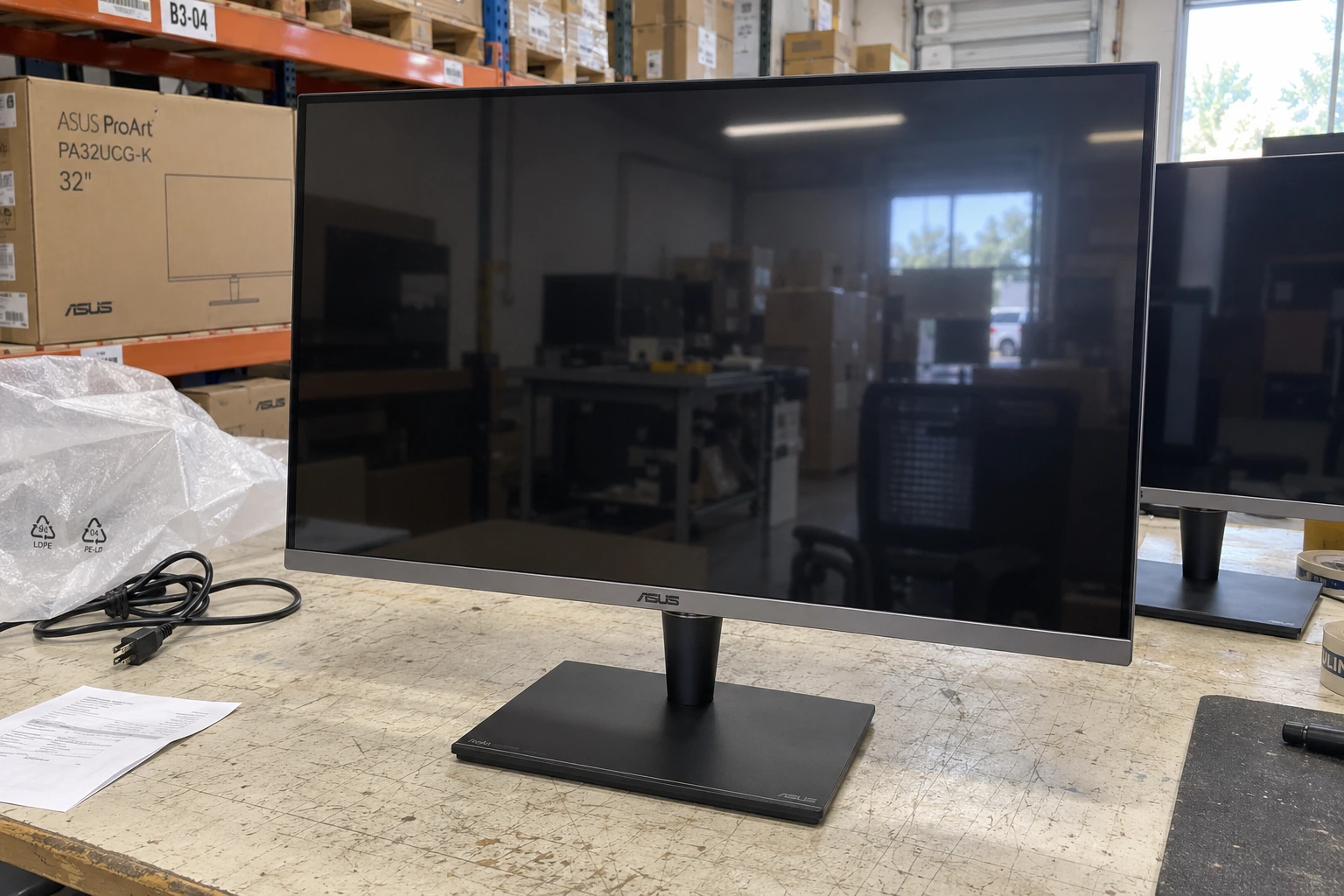 ASUS ProArt monitors on a warehouse packing bench