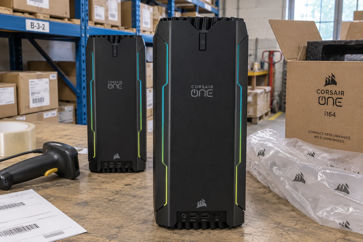 Corsair One desktop computers beside packaging