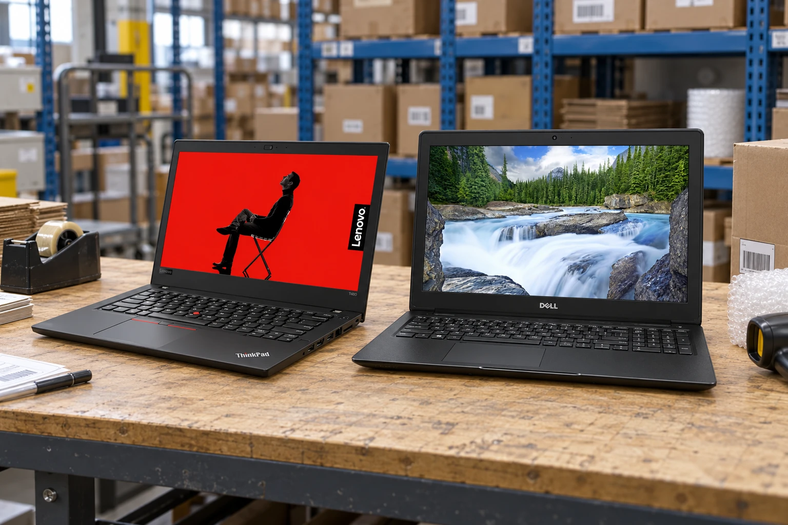 Lenovo ThinkPad and Dell Latitude laptops on a warehouse packing bench